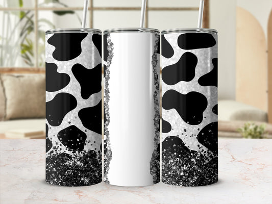 Black and White Cow Print Tumbler with Glitter Effect