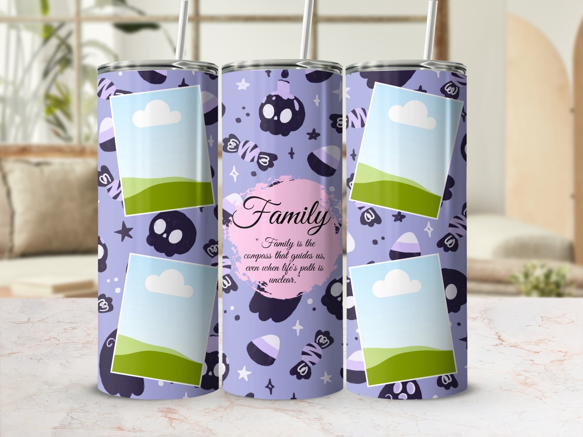 Purple tumbler with photo frames, skulls, candy, and "Family" quote.