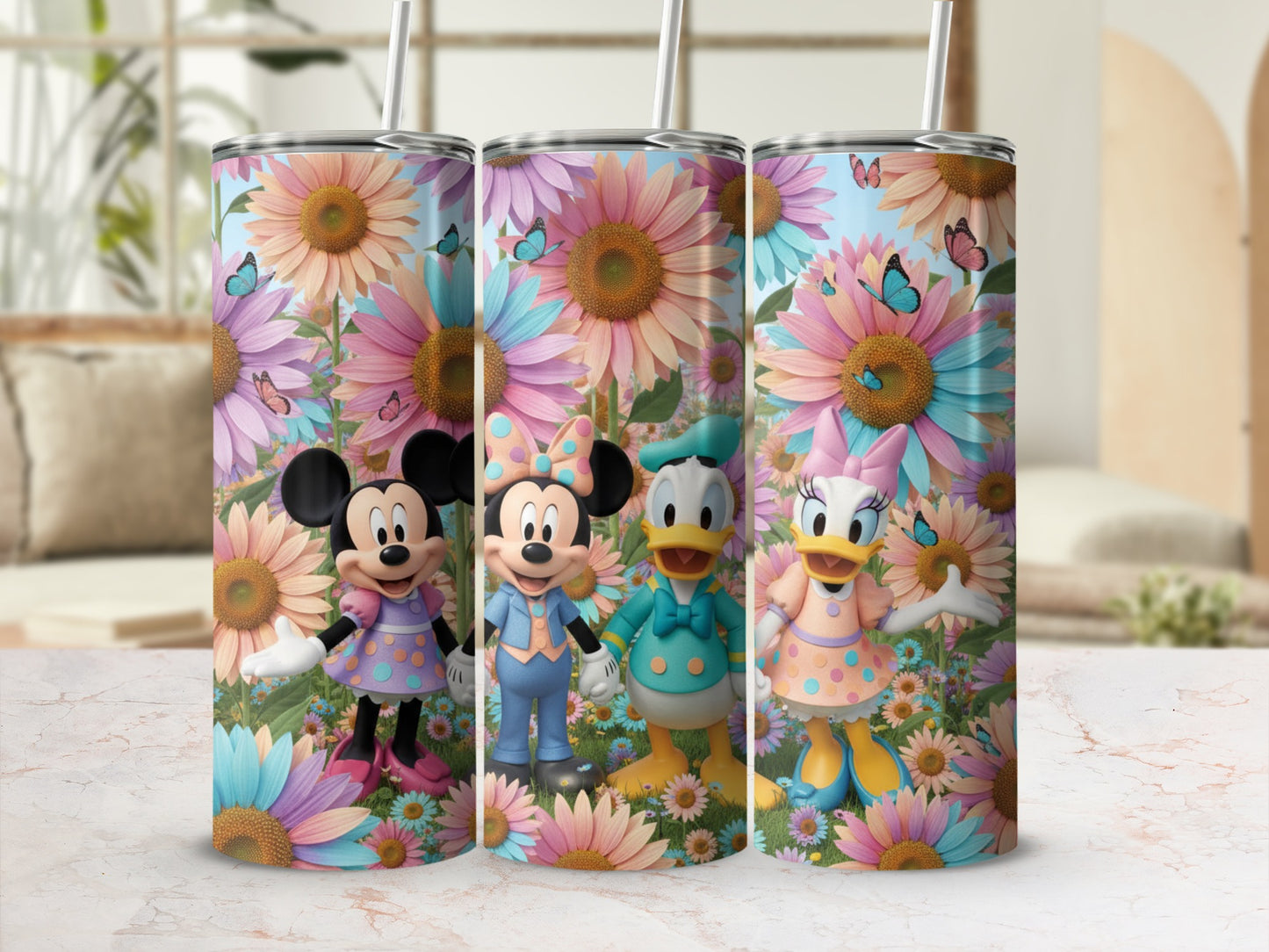 Colorful Disney Character Floral Tumbler with Straw