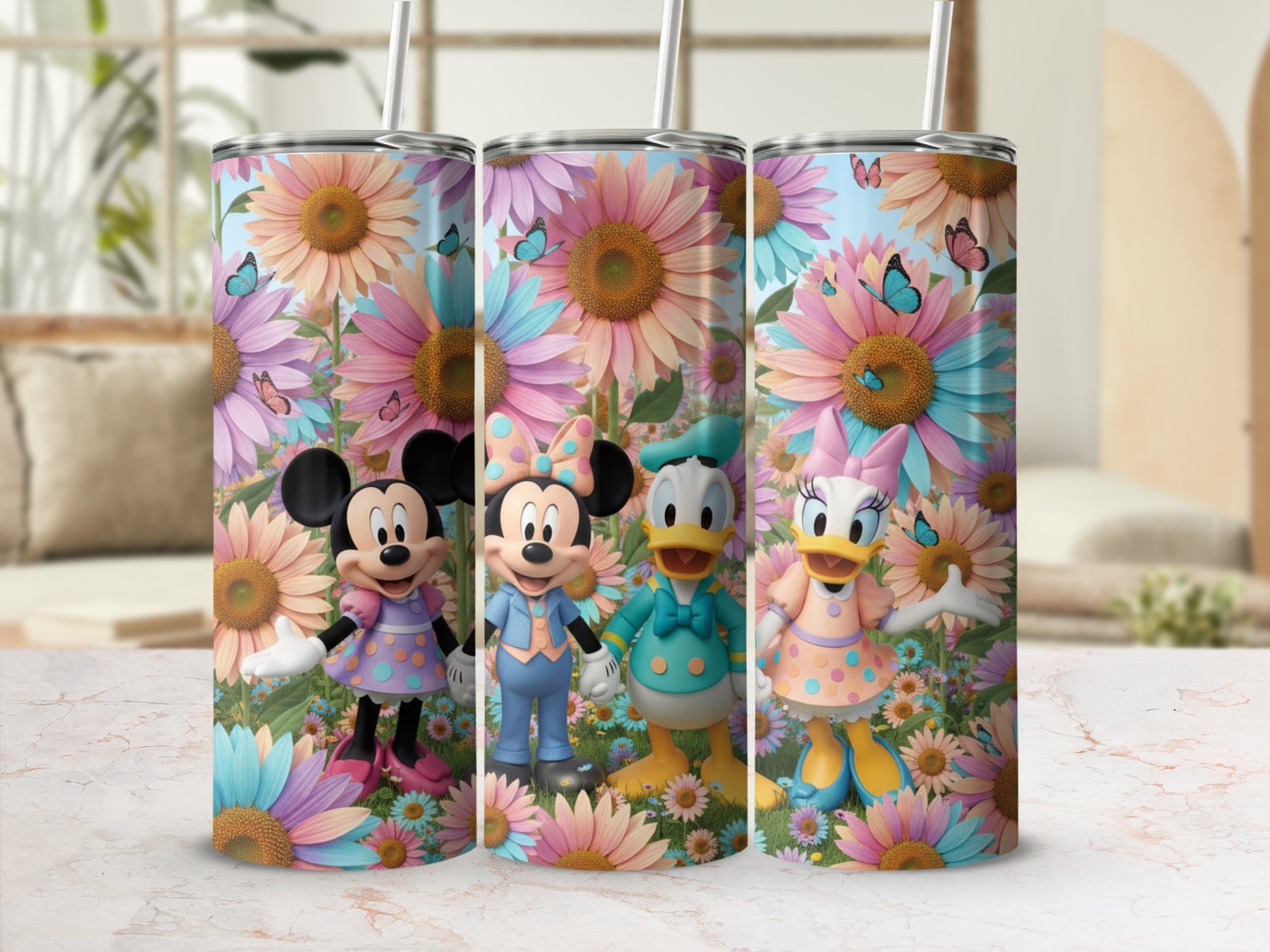 Colorful Disney Character Floral Tumbler with Straw