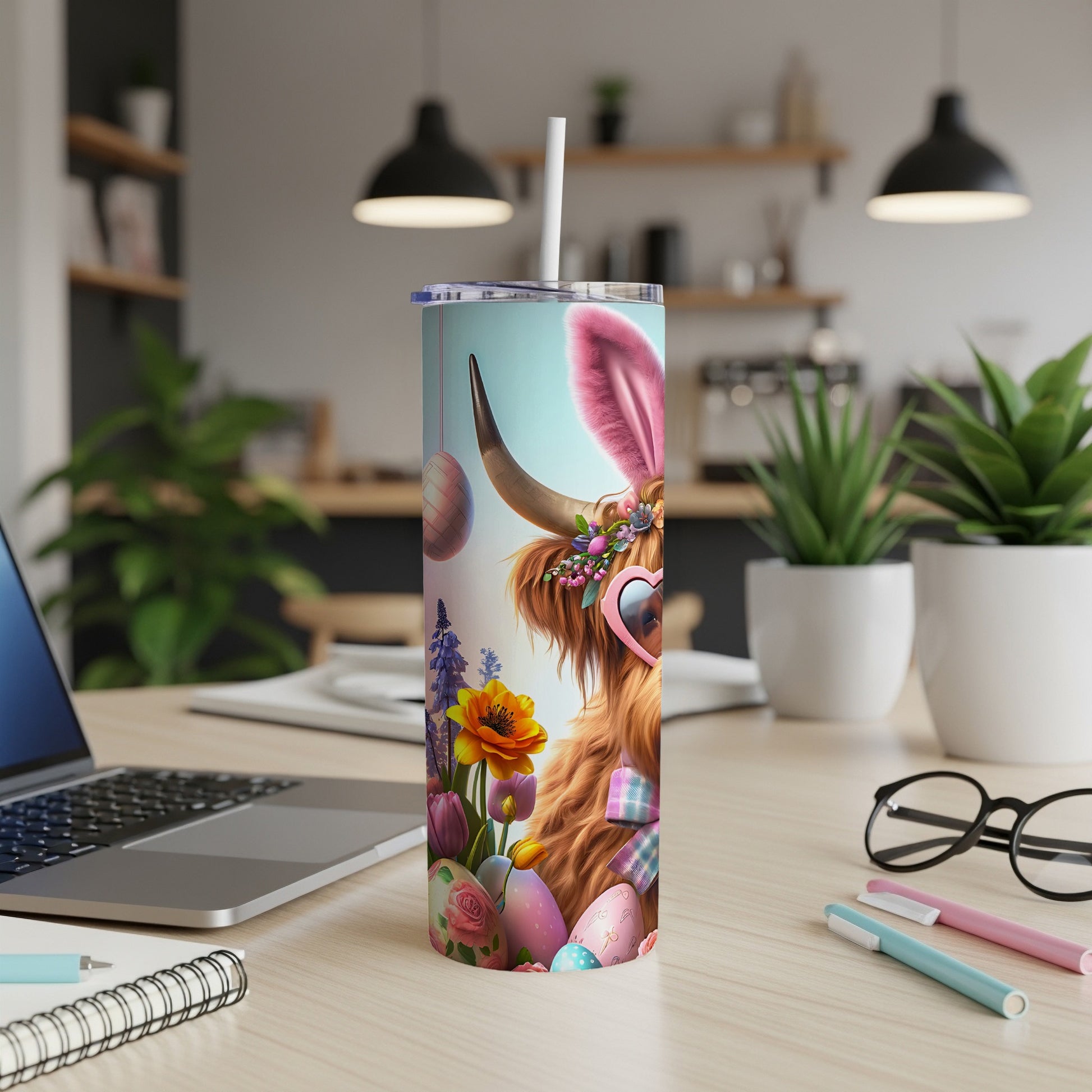 Easter Highland cow tumbler with pink bunny ears and heart sunglasses.