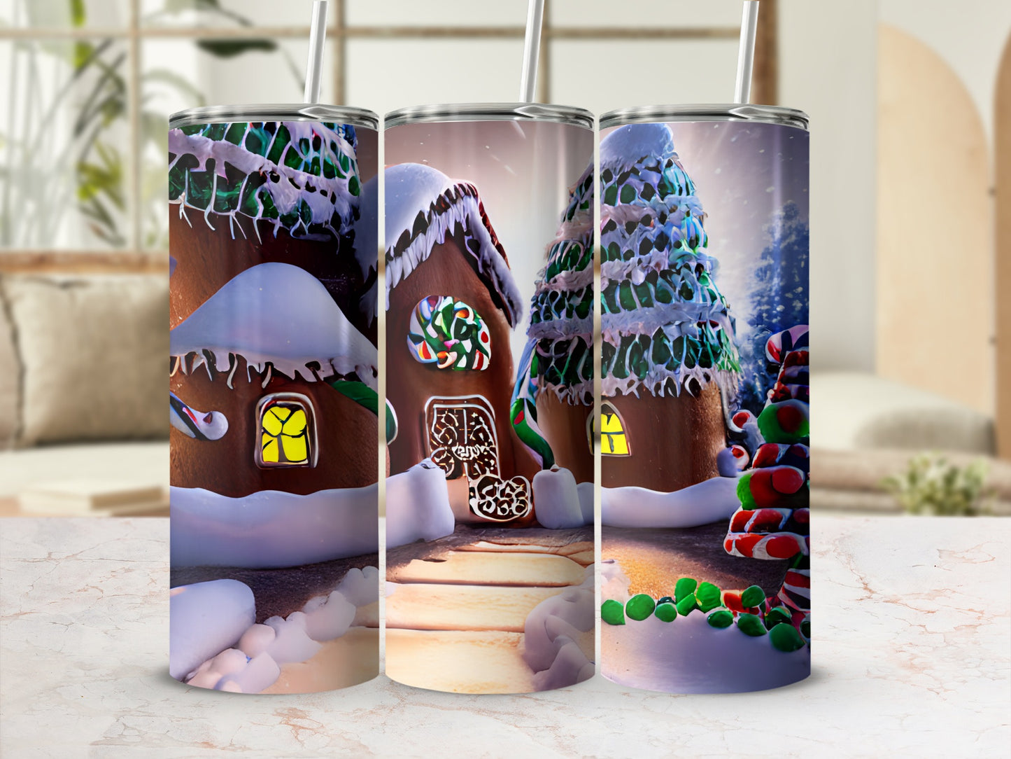 Gingerbread house Christmas design on a tumbler with snow and candy canes.