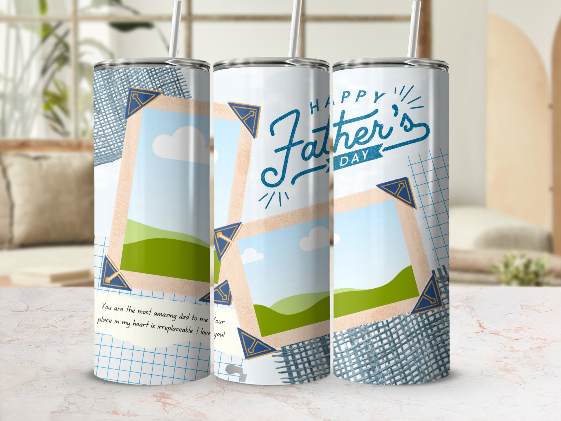 Happy Father's Day tumbler with photo frames and a heartfelt message.