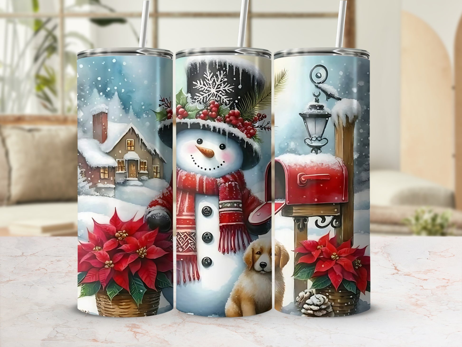 Christmas Snowman House and Mailbox Winter Tumbler
