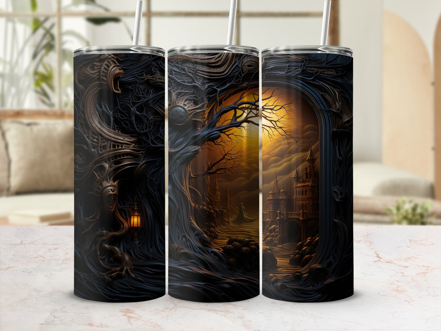 Three tumblers display a dark fantasy scene with gnarled trees and a distant castle.