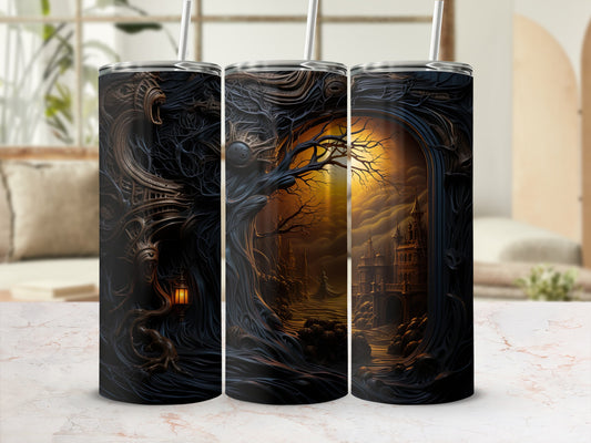 Three tumblers display a dark fantasy scene with gnarled trees and a distant castle.