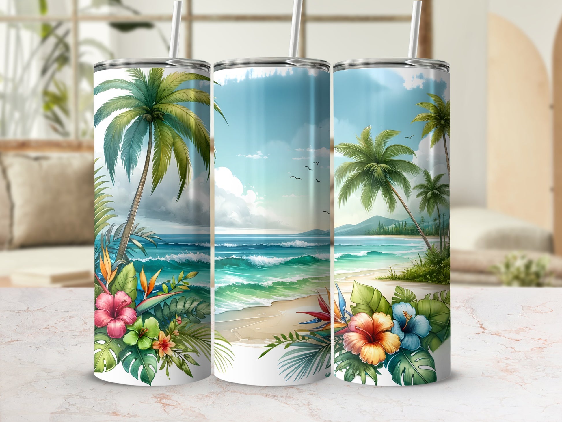Three tumblers featuring a tropical beach scene with palm trees and flowers.