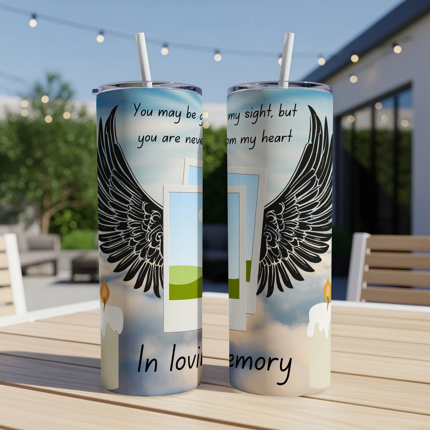 Two tumblers with angel wings, candles, and text "You may be gone from my sight, but you are never gone from my heart".
