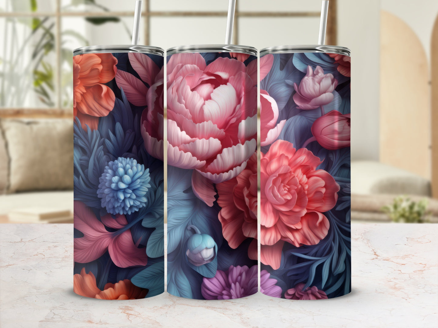 Floral Patterned Insulated Tumbler with Straw