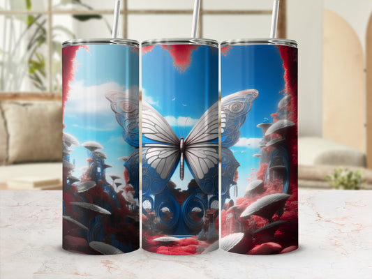 Fantasy tumbler with butterfly and surreal landscape.