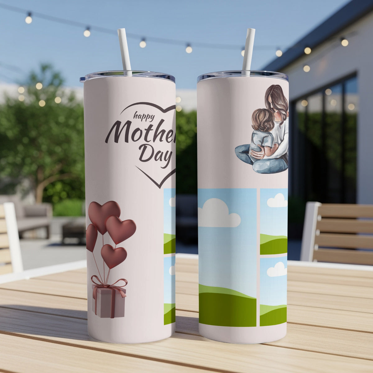 Two tumblers on a table, one with "Happy Mother's Day," hearts, and a gift.