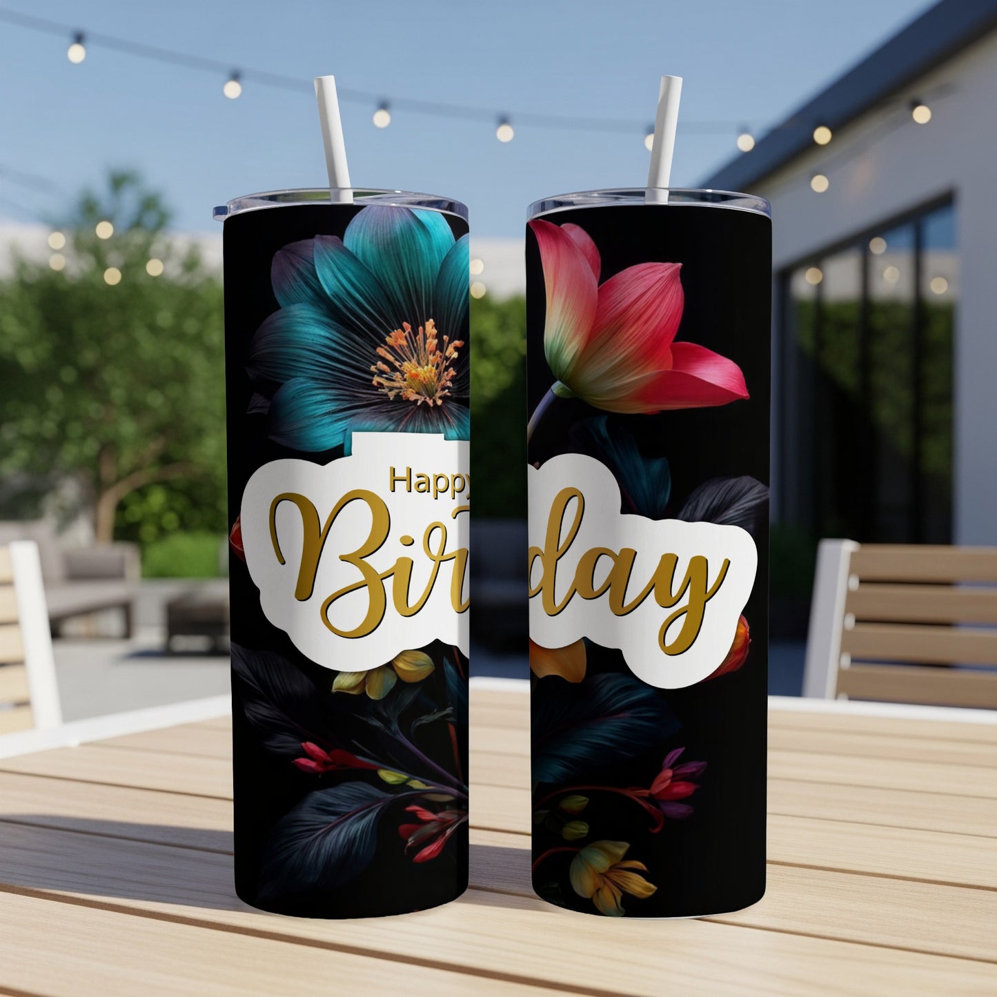 Two tumblers with floral designs and "Happy Birthday" text.