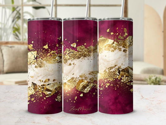 Maroon tumbler with white marble and gold foil accents.