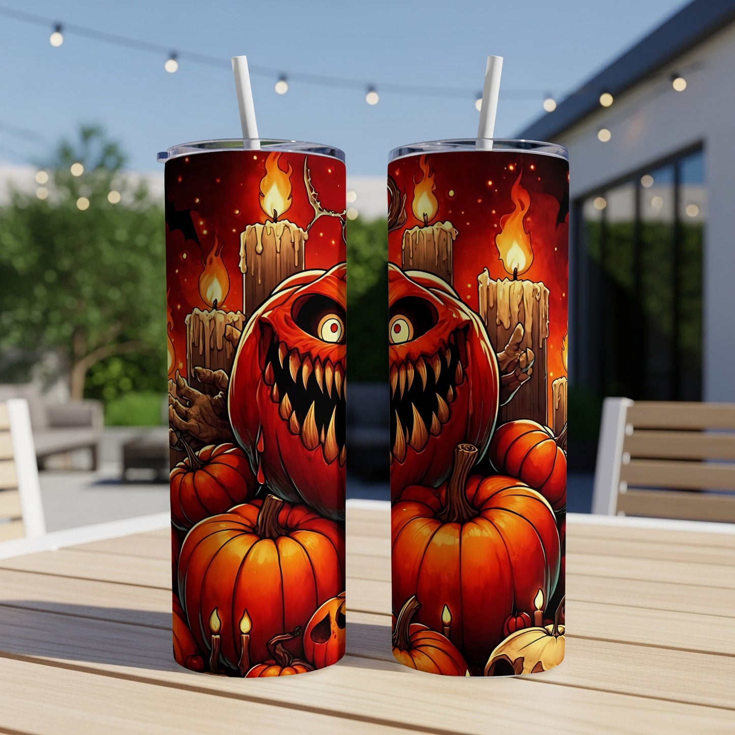 Halloween tumbler with a spooky pumpkin design and lit candles.