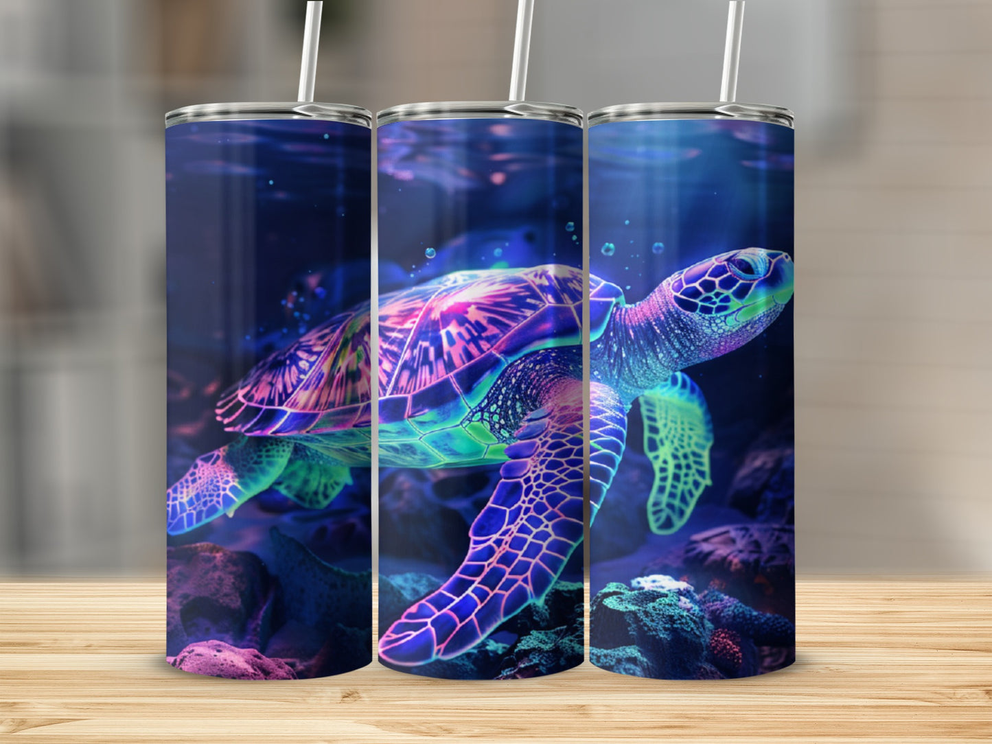 Colorful sea turtle swimming underwater with coral reefs and bubbles.