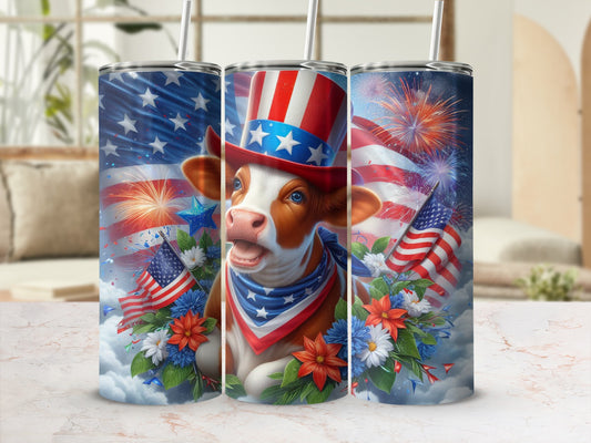 Cow wearing patriotic hat and bandana, surrounded by fireworks and flowers.