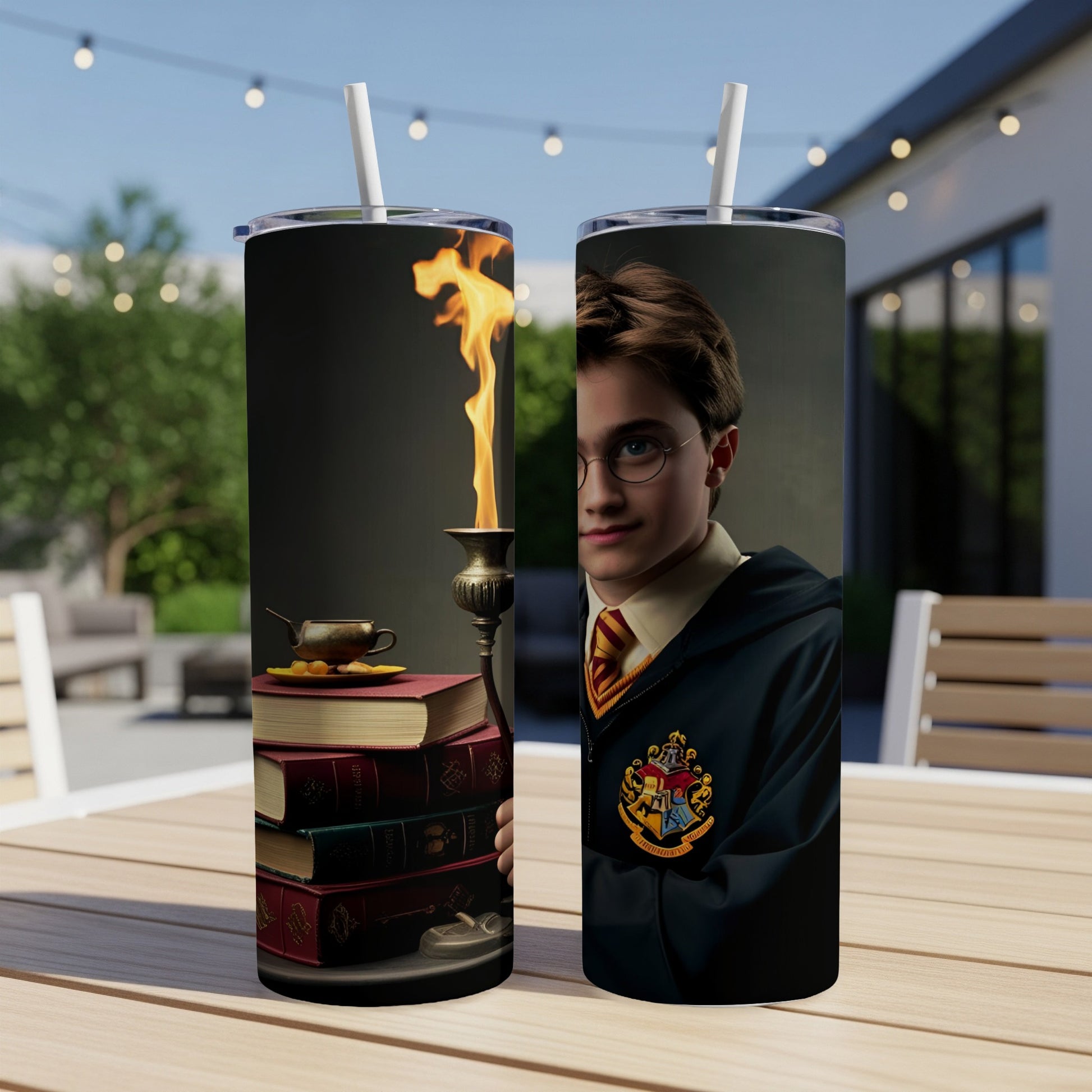 Harry Potter in Hogwarts robes, holding a lit candle, next to stack of books.