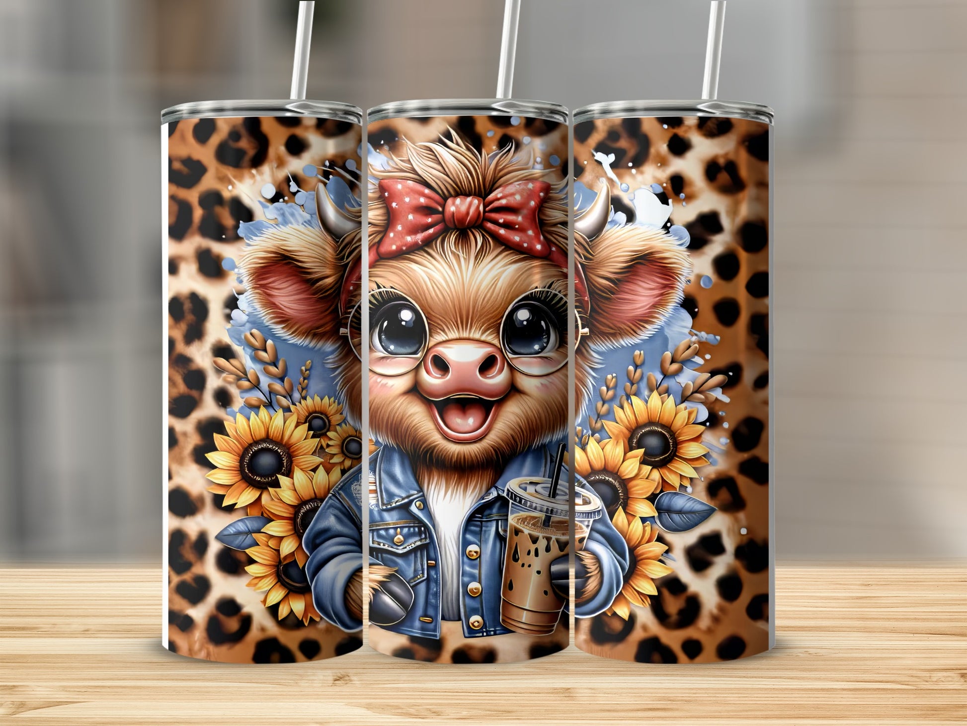 Cute cartoon cow in denim jacket holding iced coffee, surrounded by sunflowers and leopard print.