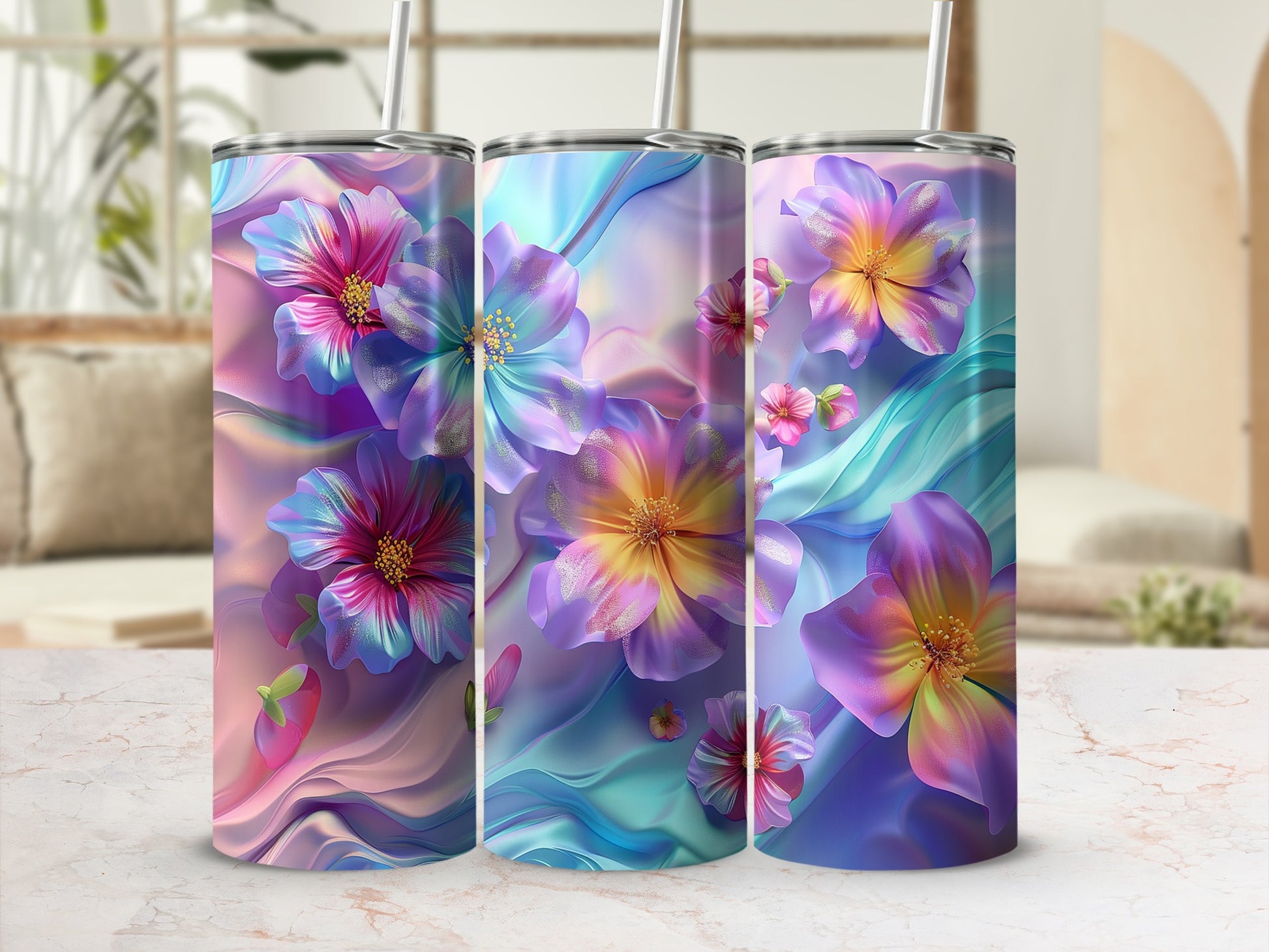 Vibrant Floral Design Insulated Tumbler with Straw
