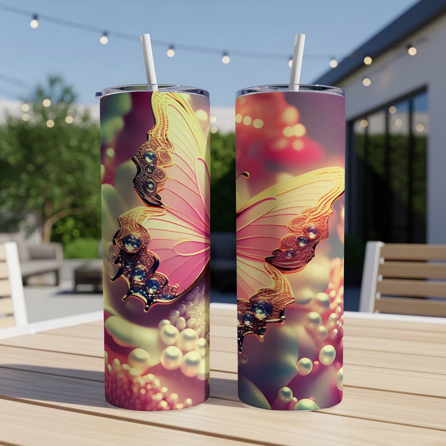 Two pink and yellow butterflies adorn these tumblers with pearl accents.