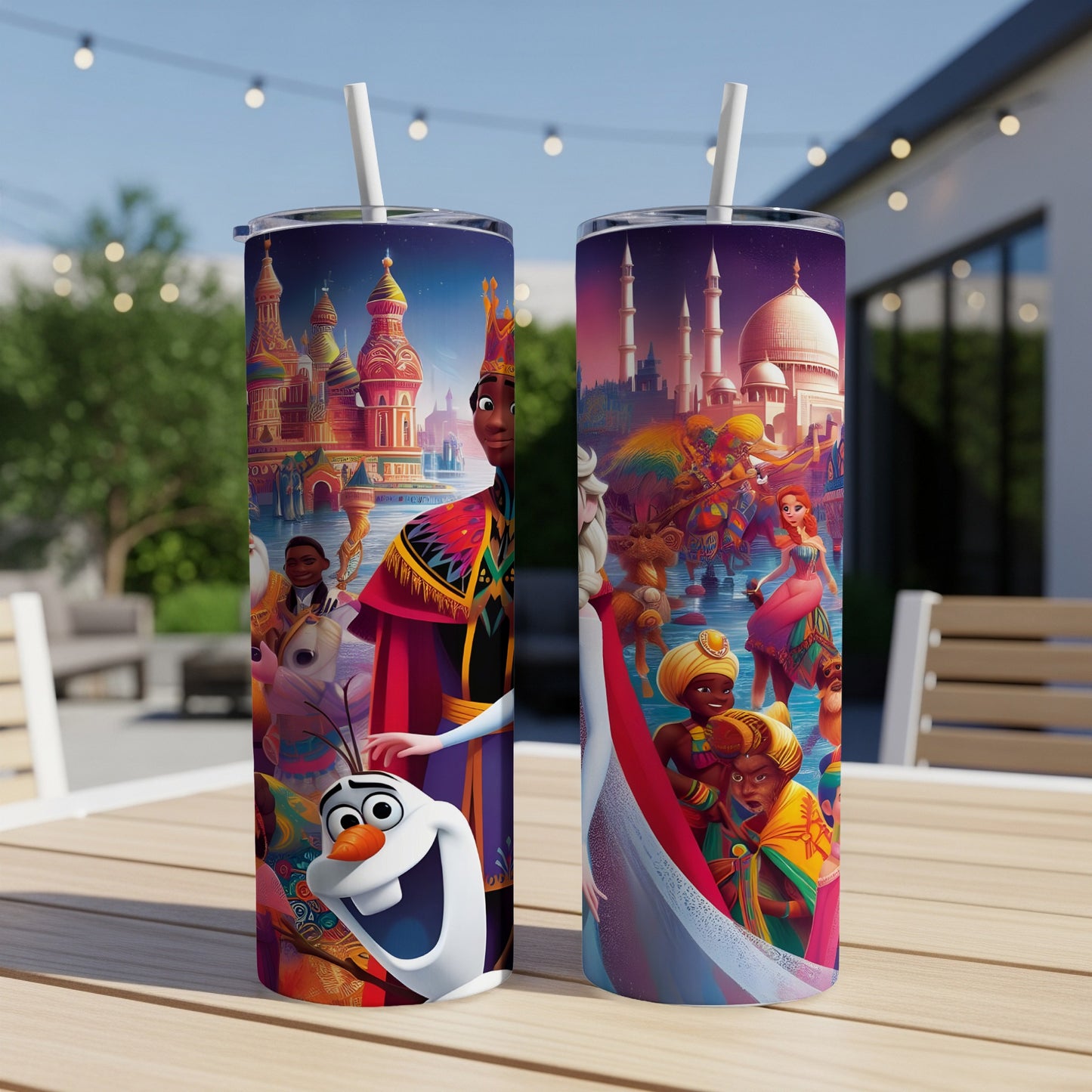 Olaf and characters from Frozen with a colorful cityscape background.