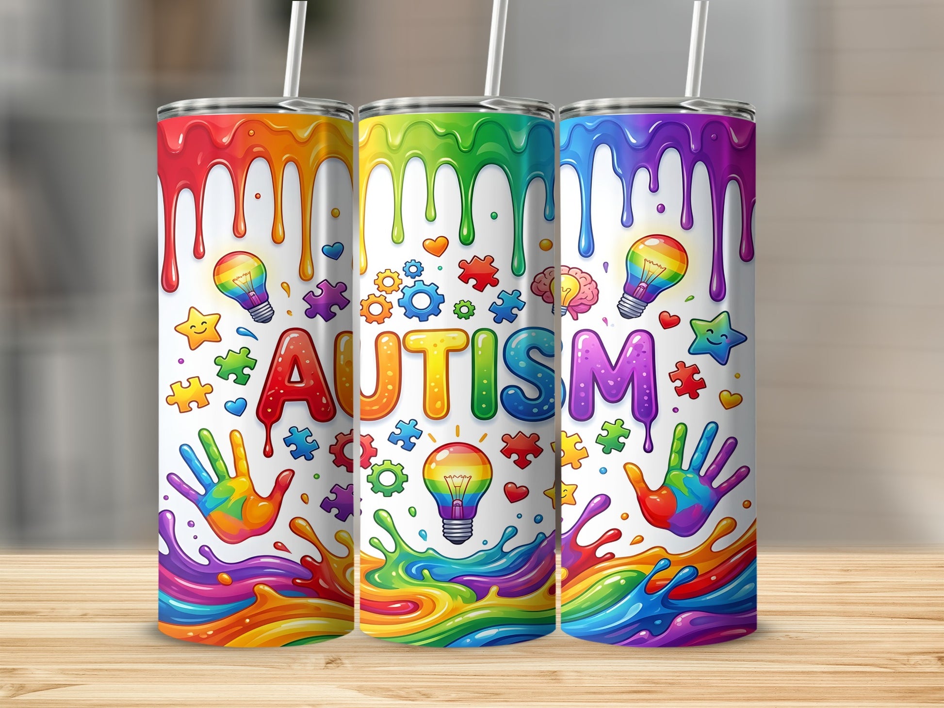 Three tumblers with colorful "AUTISM" text and autism awareness symbols.