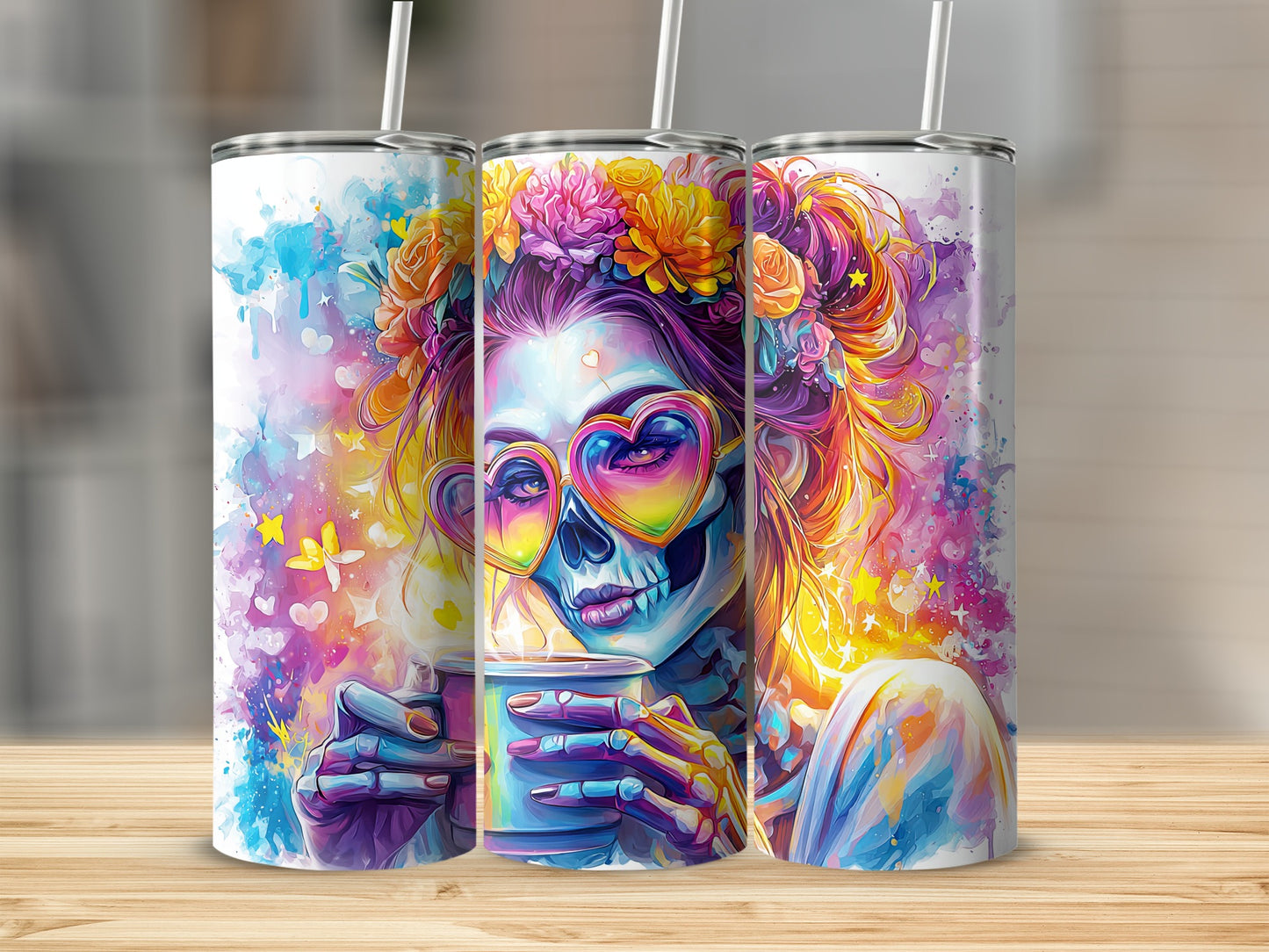 Colorful Day of the Dead Skull Tumbler with Artistic Design