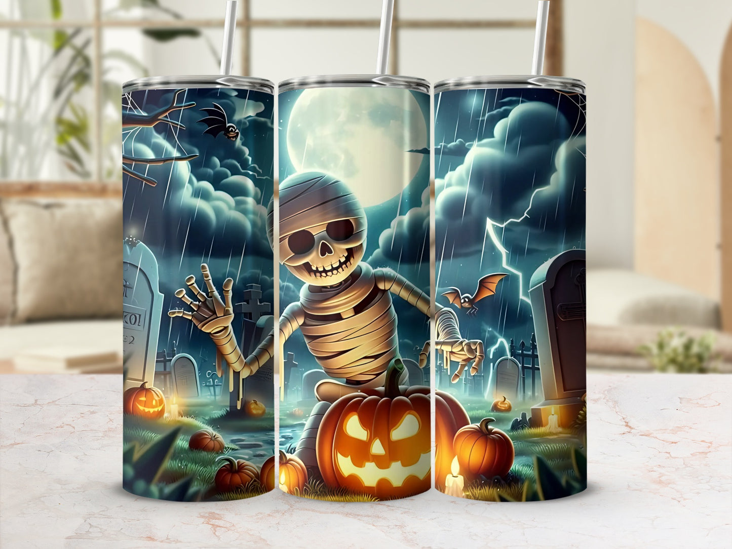 Halloween mummy and pumpkins in a spooky graveyard scene with rain and bats.