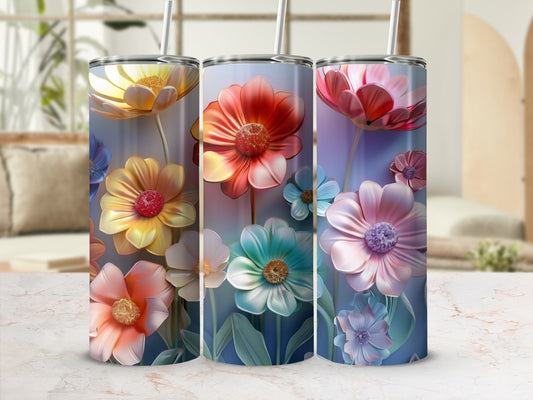 Three tumblers featuring large, colorful floral designs.