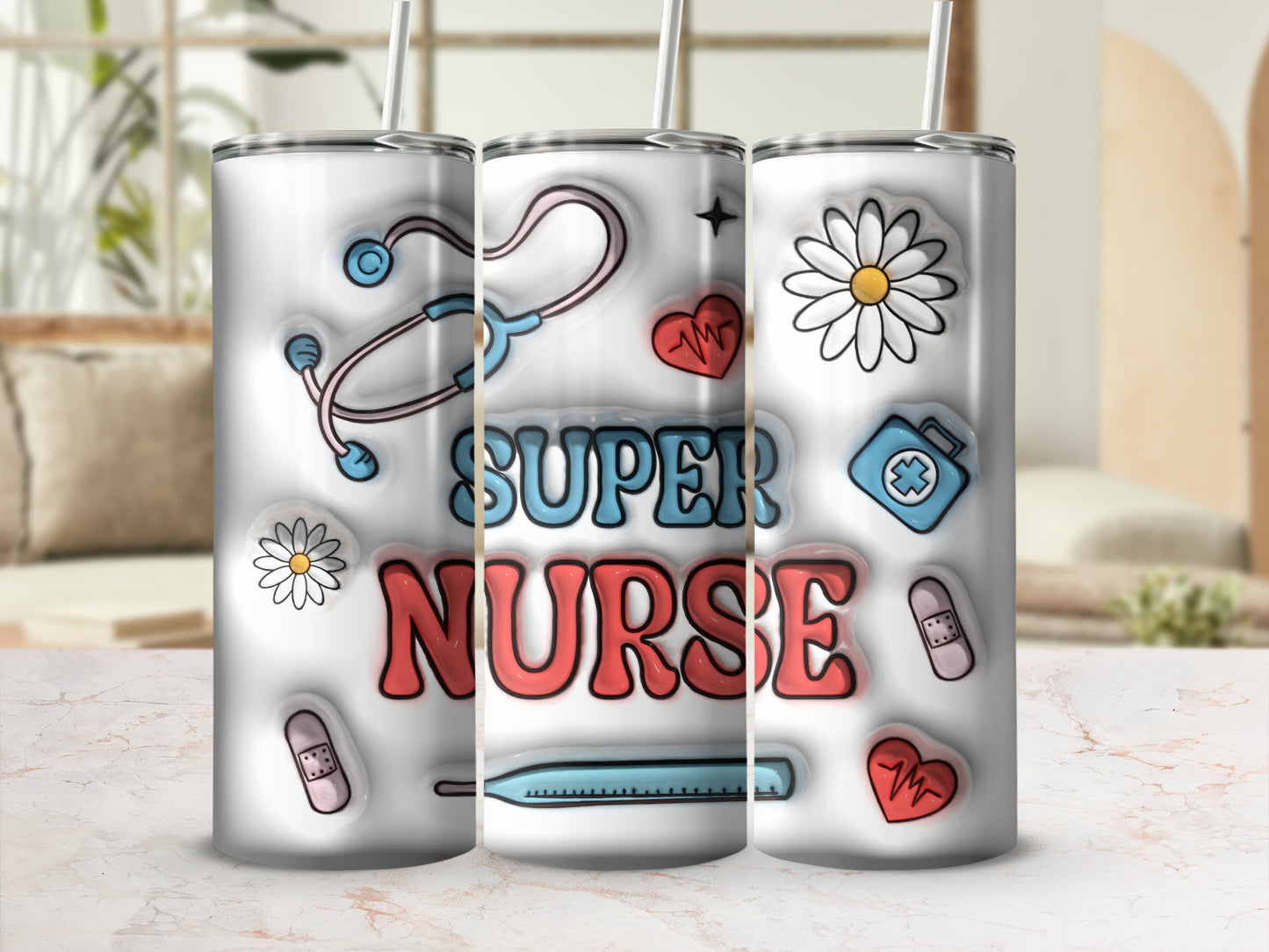 Super Nurse tumbler with stethoscope, heart, daisy, and thermometer graphics.