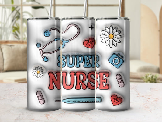 Super Nurse tumbler with stethoscope, heart, daisy, and thermometer graphics.