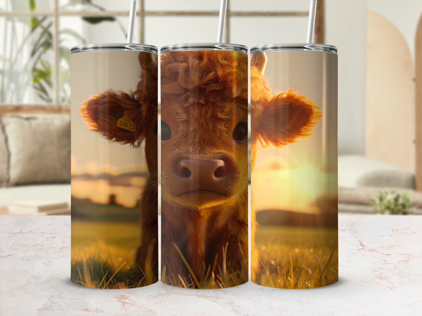Close-up of a calf's face on a cylindrical tumbler with a straw.
