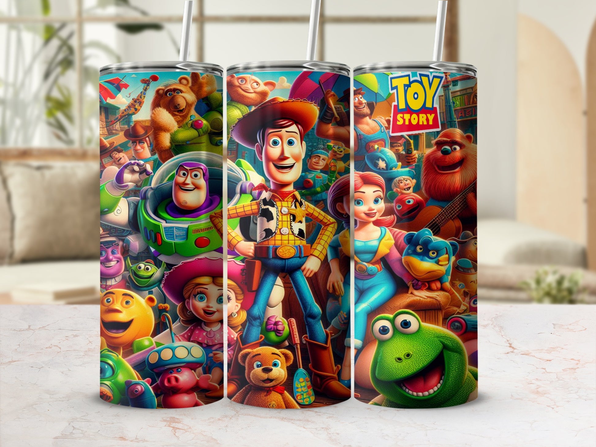 Toy Story characters Woody, Buzz Lightyear, Bo Peep, and friends on a colorful tumbler.
