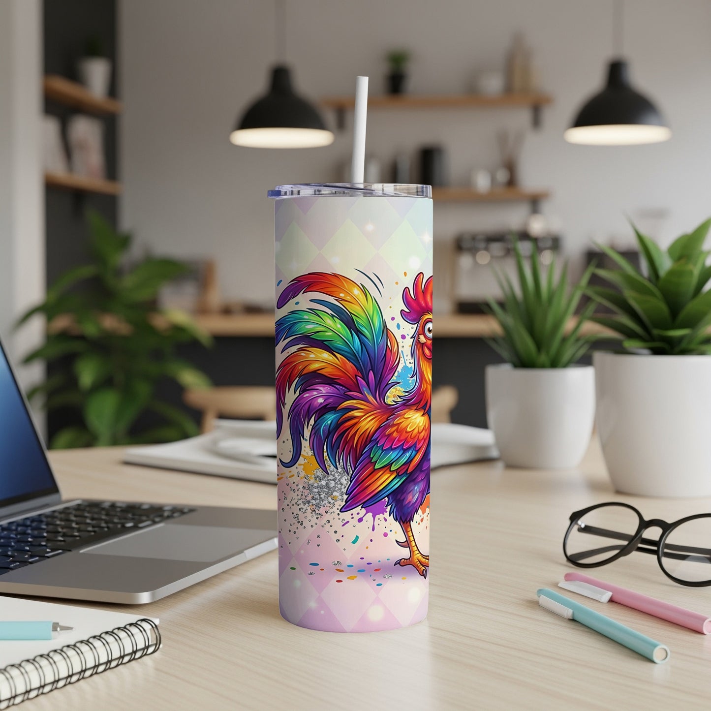 Colorful rooster tumbler with patterned background on a desk.