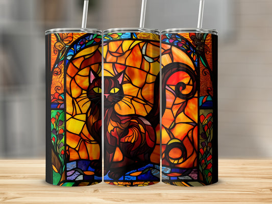 Stained glass black cat design on three tumblers.