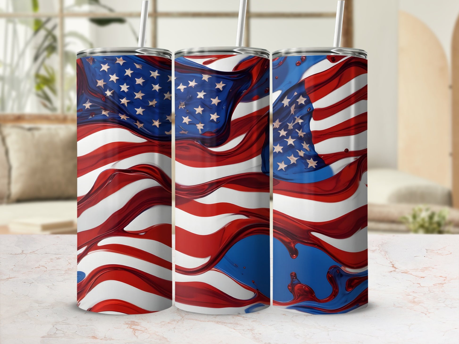 Three tumblers with a flowing American flag design, white background.