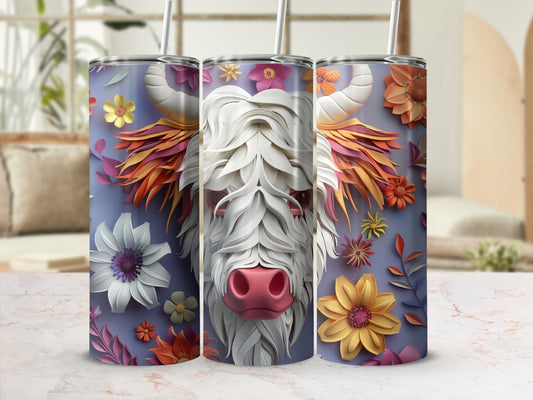 Floral cow tumbler with pink nose and white fringe.