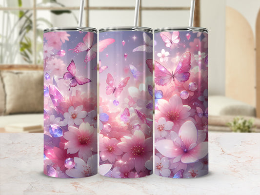 Pink floral and butterfly tumbler with crystal accents.