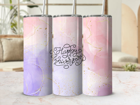 "Happy Anniversary" tumbler with watercolor marble design and gold glitter.