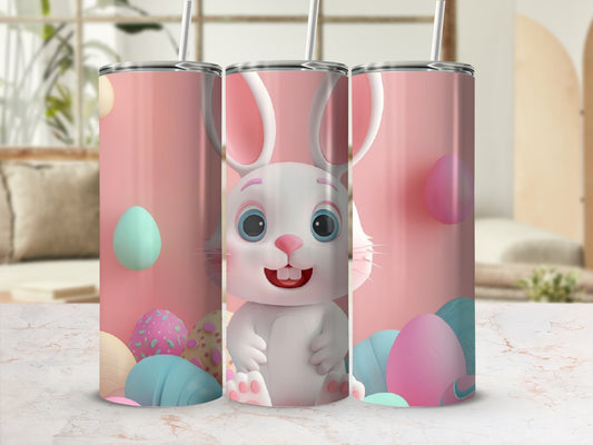 White cartoon bunny with Easter eggs on a pink background.