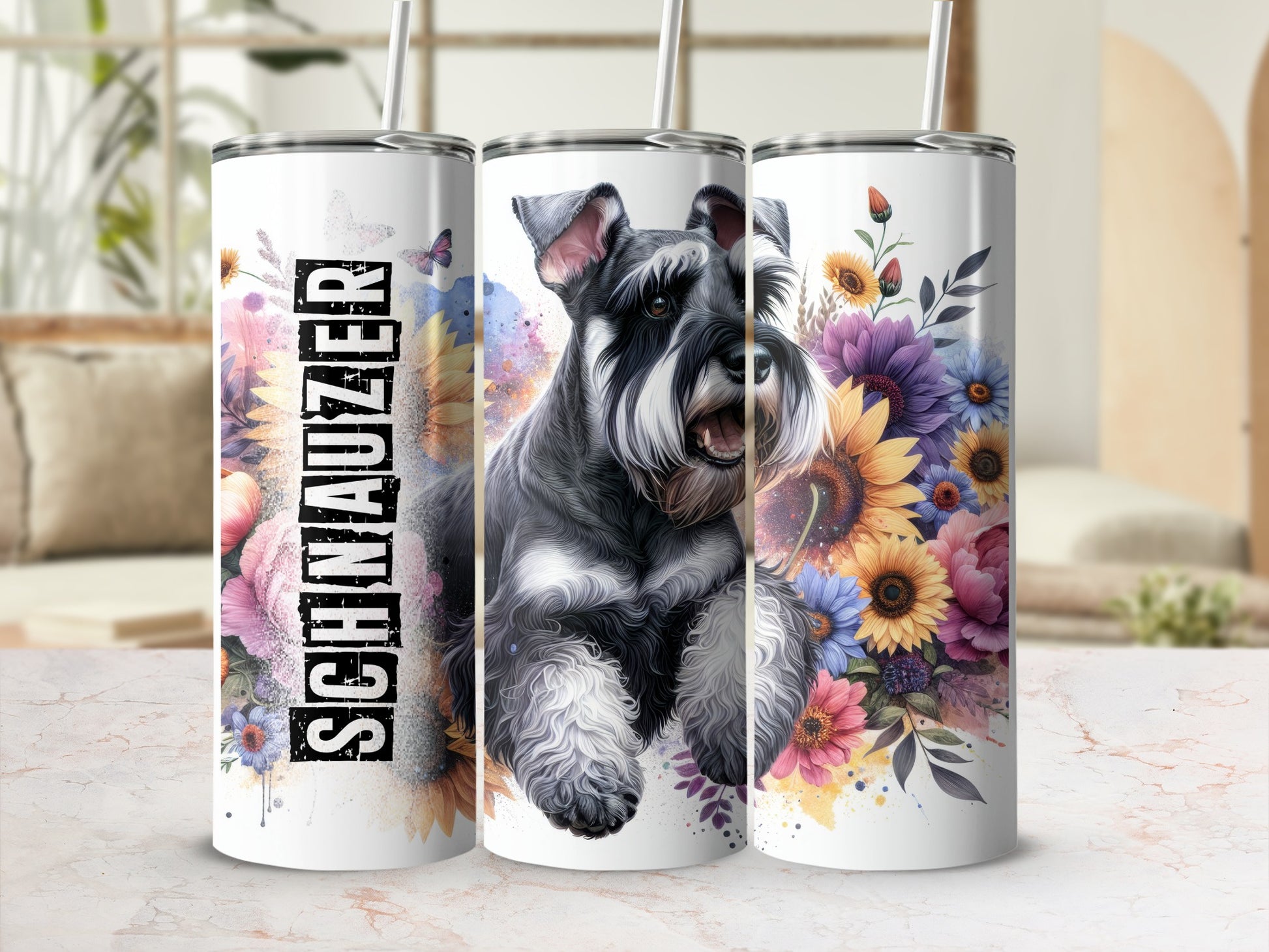 Schnauzer dog design on three stacked tumblers with floral accents.
