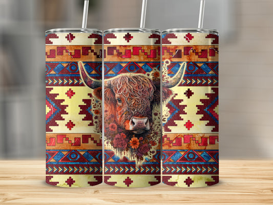 Three patterned tumblers with a close-up of a highland cow with flowers.