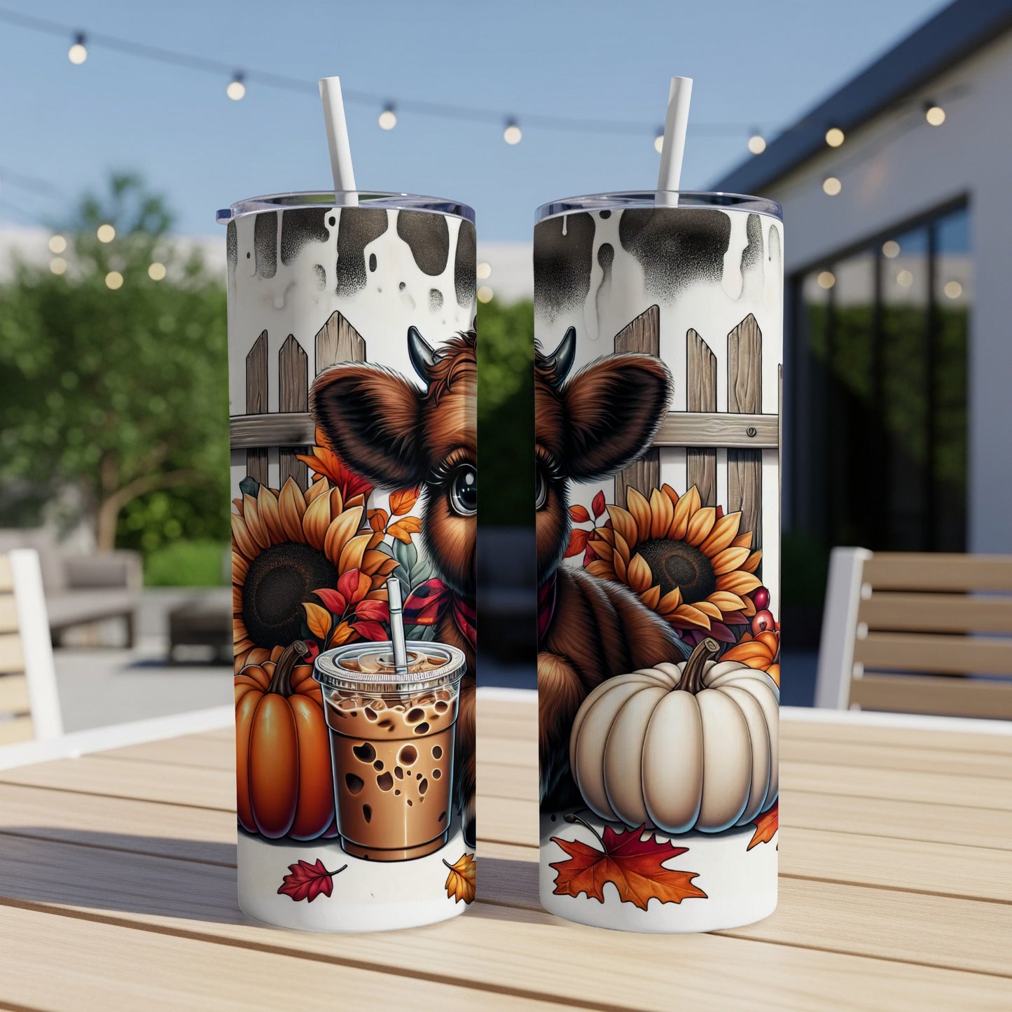Two tumblers with a cow, pumpkins, and sunflowers on an outdoor table.