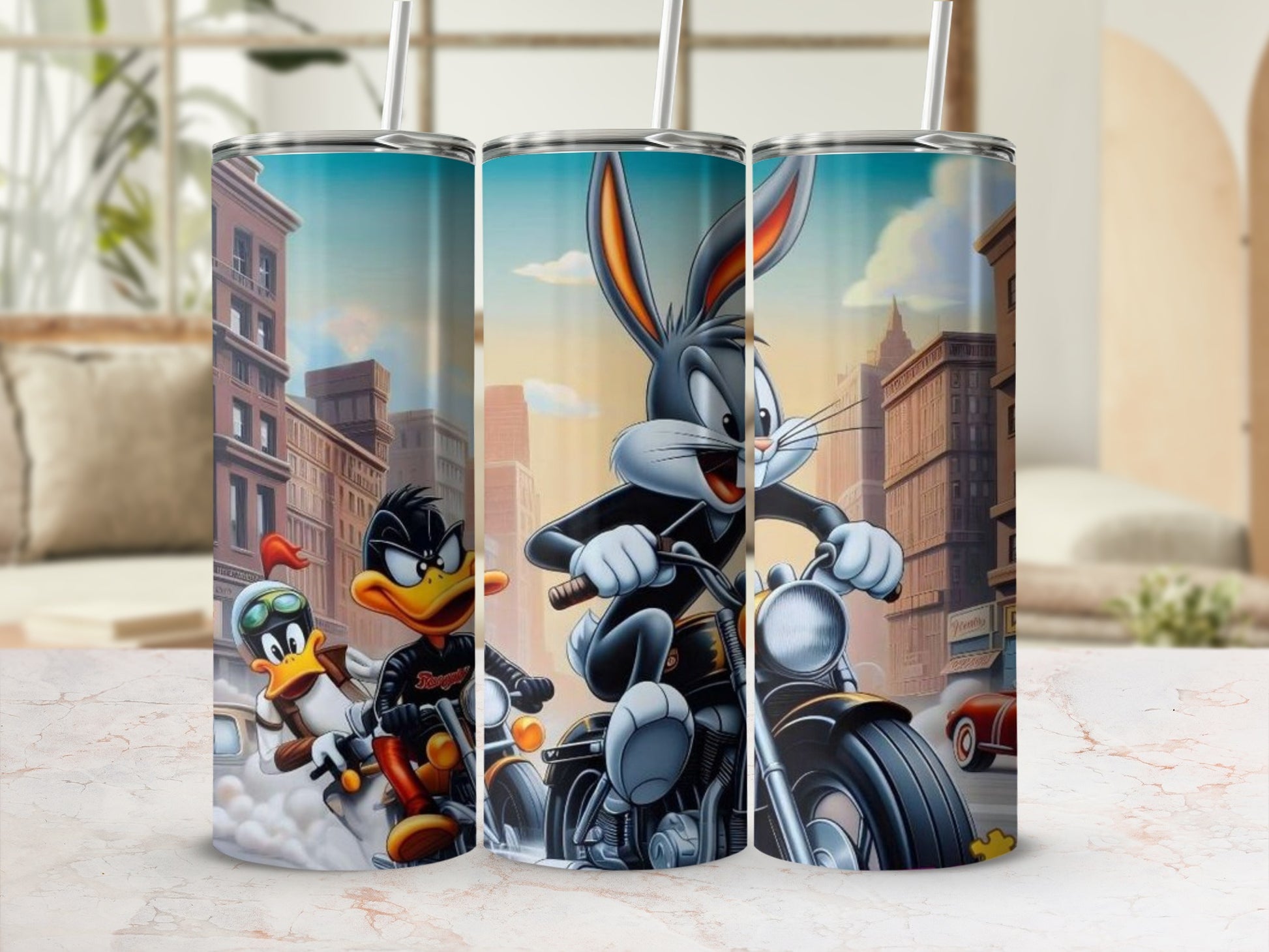 Cartoon Characters Riding Motorcycles Travel Mug