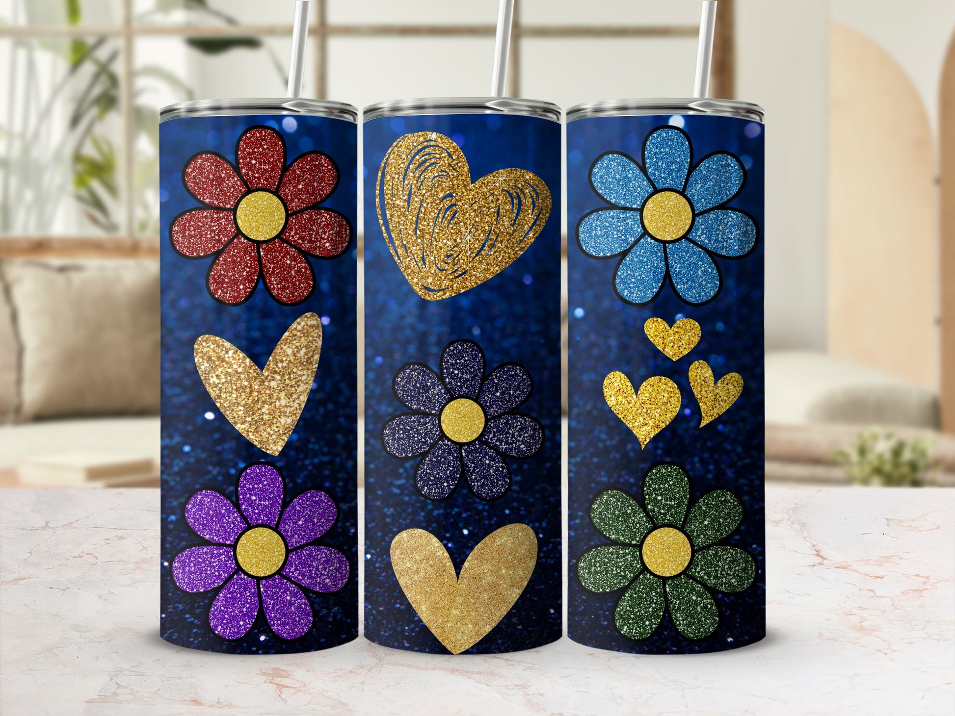 Sparkling Floral and Heart Designs Tumbler Cups