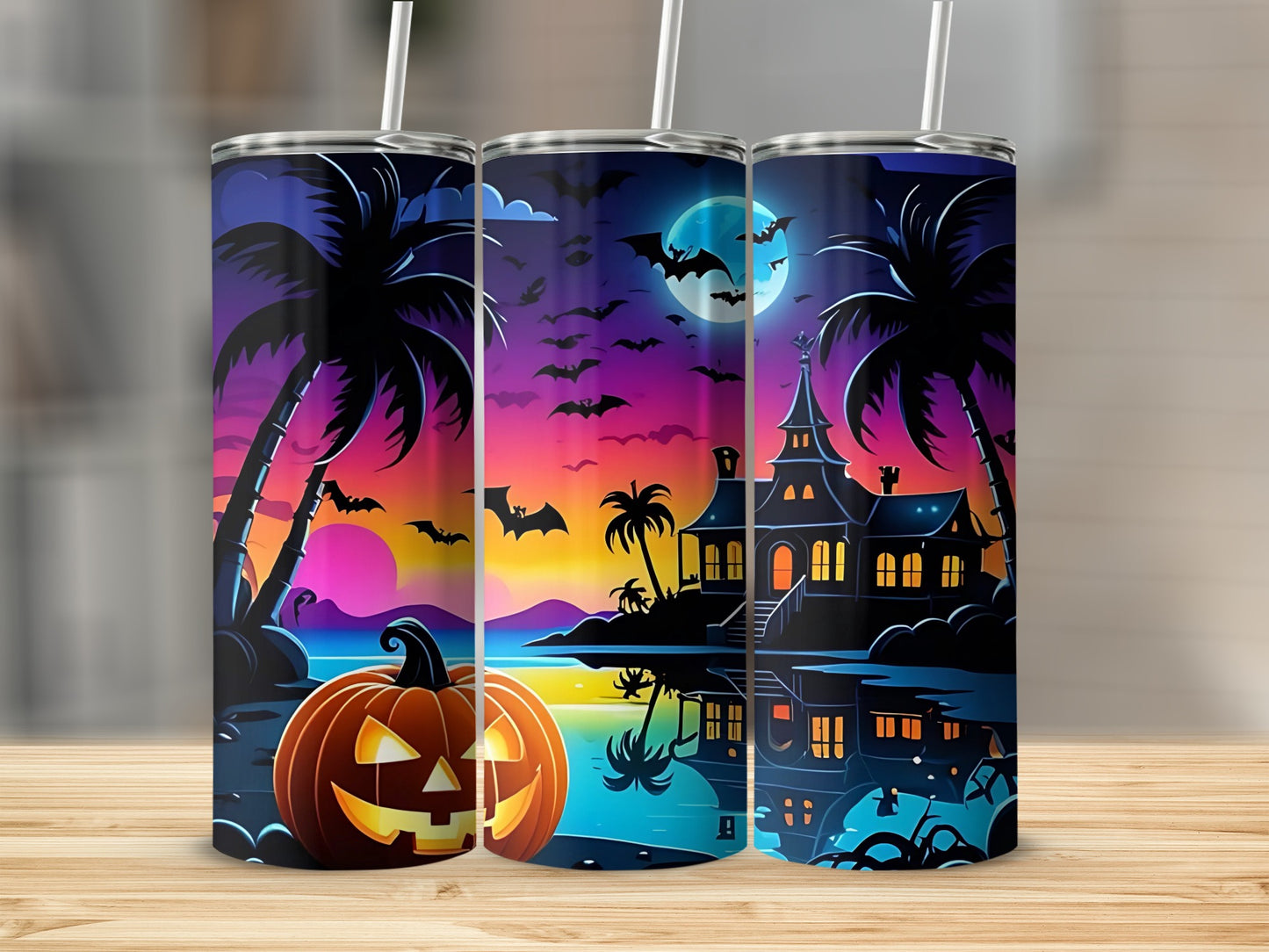 Halloween scene with jack-o'-lantern, haunted house, palm trees, bats, and moon.