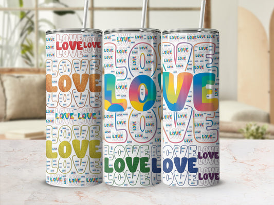 Three tumblers covered in a pattern of colorful "LOVE" text.