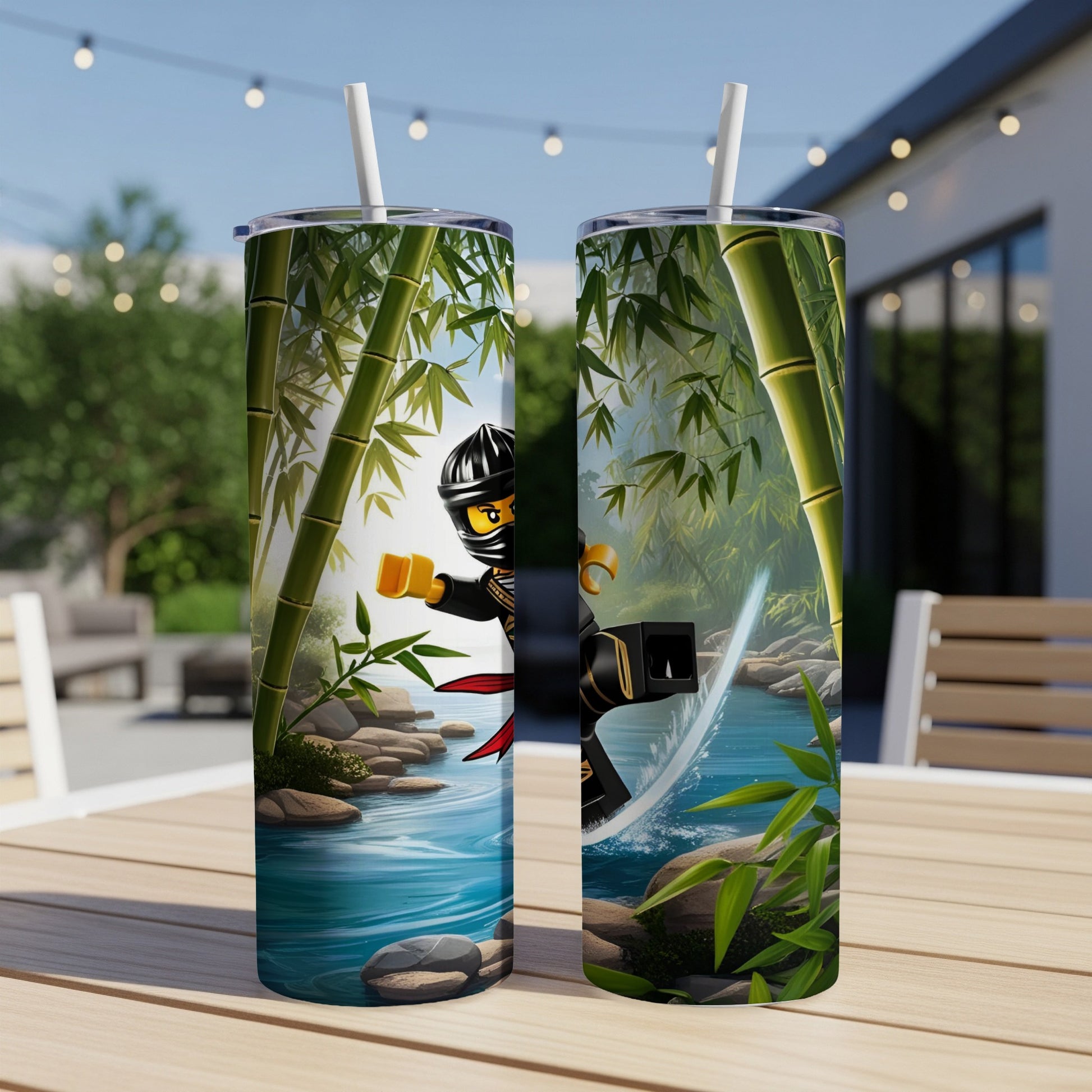 Two tall tumblers featuring a ninja character from Ninjago fighting with a sword.