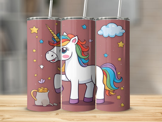 Cartoon unicorn with rainbow mane and tail on pink background.