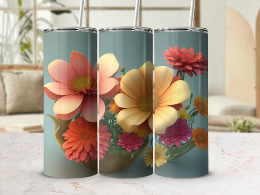 Three tumblers featuring an abstract floral design in warm tones.